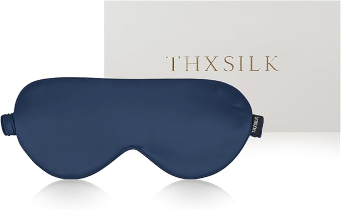THXSILK Sleep Mask 100% 25 Momme Pure Mulberry Silk Super Smooth Cooling Sleep Eye Mask Blackout for Women/Man/Kids, Eye Cover with Wide Head Strap for Good Night Sleep, Navy Blue