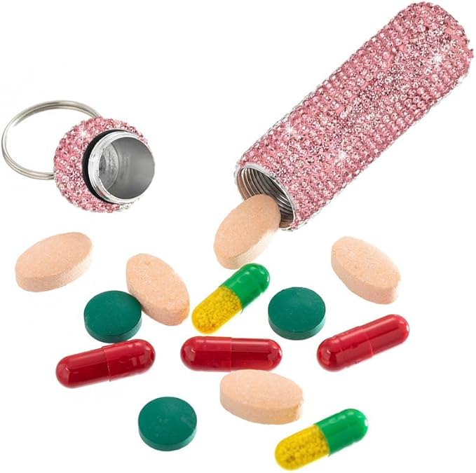 Bling Rhinestone Pill Case Portable Waterproof Pocket Pill Holder Bottle Storage with Keychain for Travel, Outdoor, Camping (Pink)