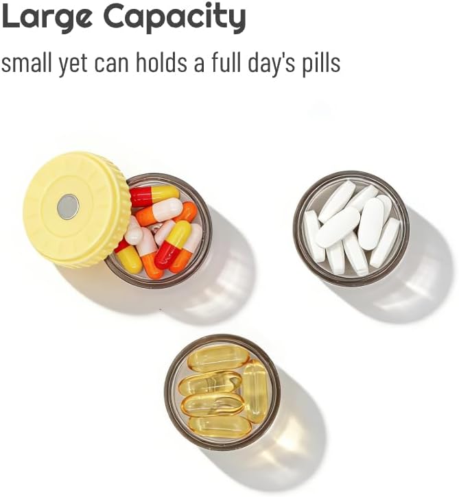 Stackable Magnetic Pill Case, Small Pill Box with Screw Cap, Moistureproof Pill Dispenser, Compact Medication & Vitamin Organizer