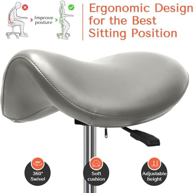 Saddle Stool with Wheels,Rolling Stool,Rolling Chair Ergonomic Swivel Rolling Chair with Hydraulic Lifting Height Adjustable Rolling for Office Medical Massage Salon Drafting(Grey)