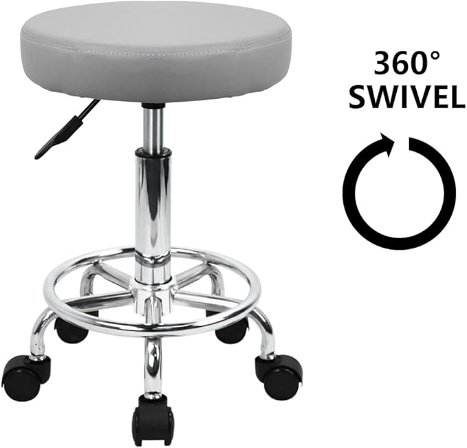 KKTONER PU Leather Round Rolling Stool with Foot Rest Swivel Height Adjustment Spa Drafting Salon Tattoo Work Office Massage Stools Task Chair (Grey)