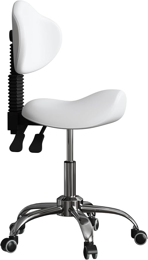 Saddle Stool Chair Rolling with Back Esthetician Chair for Nail Tech Dental Tattoo Artist Eyelash Hairdresser Hairstylist Medical Shop Ergonomic Stool Adjustable Hydraulic White