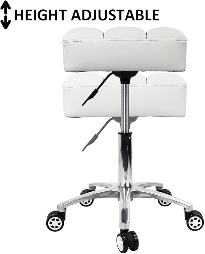 Rolling Stools Square Seat Thick PU Leather 360° Swivel Stool with Wheels Hydraulic Lift Height Adjustable Stool Chair for Home Kitchen Drafting Lab Office Salon Massage Stool（White）