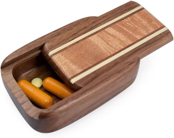 American Made Pocket-Sized Pill Box (Standard Size) - Walnut Wood with Inlaid Burl Maple