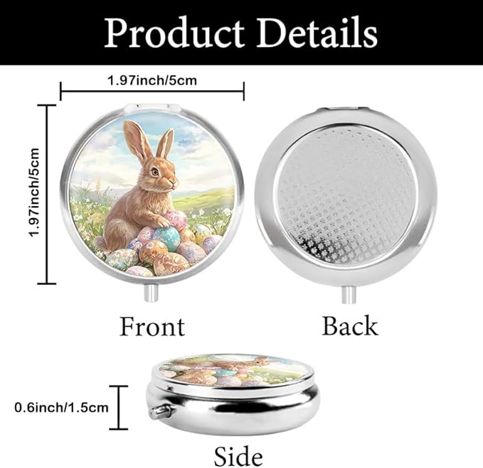 Portable Round 3 Compartment Metal Pill Box Features A Brown Rabbit with Easter Eggs Perfect for Organizing Medications Traveling Or Celebrating Easter