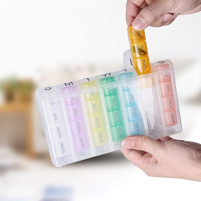 Extra Large Weekly Pill Organizer 4 Times a Day, 7 Day Pill Box, Daily Pill Case with 28 Compartments, Portable Travel Container for Fish Oils, Vitamins, Medication (Multicoloured)