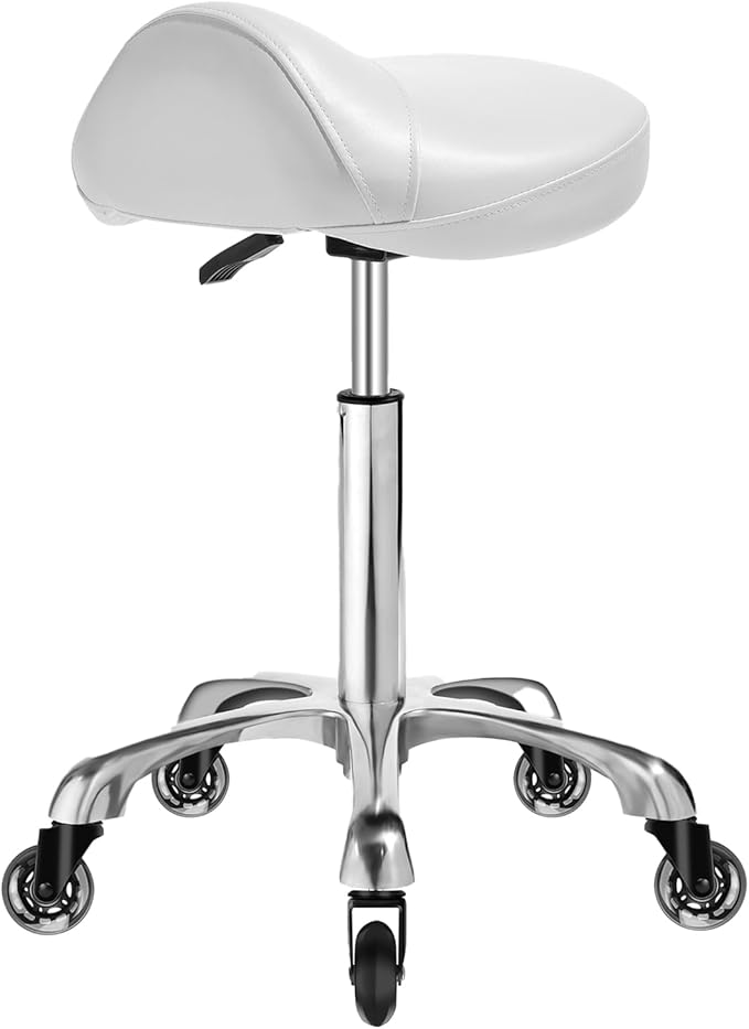 Ergonomic Saddle Stool with wheels - Upgraded Thicker Leather Seat Cushion, Healthy Posture Correction, Silky Smooth Gliding, Adjustable Rolling Saddle Stool Chair for Salon Medical Massage, White