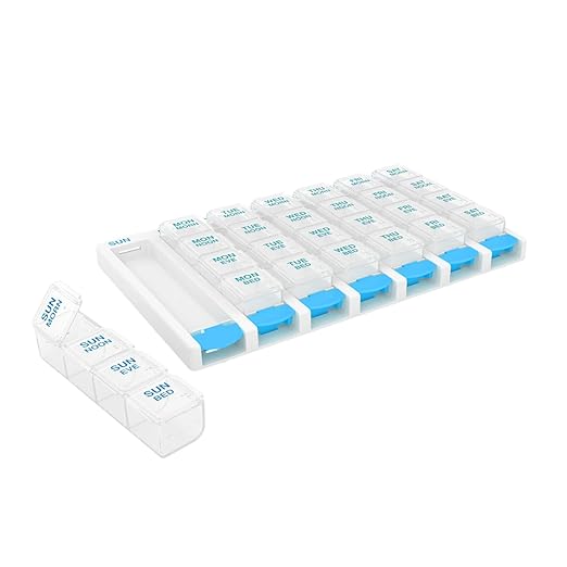 EZY DOSE Weekly (7 Day) 4 Times a Day Push Button Pill Organizer and Vitamin Planner, Removable Daily Pillboxes, Blue, Clear Lids, Large, BPA Free