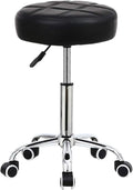KKTONER Round Rolling Stool PU Leather Height Adjustable Swivel Drafting Work SPA Medical Salon Stools Chair with Wheels Black