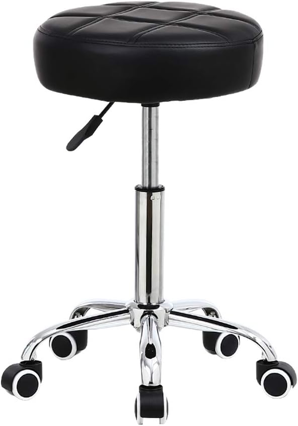 KKTONER Round Rolling Stool PU Leather Height Adjustable Swivel Drafting Work SPA Medical Salon Stools Chair with Wheels Black