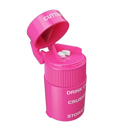 EZY DOSE 3 Compartment Pill Crusher, Cutter and Grinder, Daily Usage, Safely Cut Pills, Vitamins, Tablets, Accurate and Easy Cutting, Stainless Steel Blade, Removable Drinking Cup, Pink, BPA Free