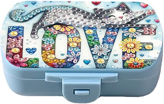 C'eitura DIY Love Cat Diamond Art Painting Blue Pill Organizer with 6 Lid Detachable Compartments, Fun DIY Craft Project for Adults, Elegant Pill Case for Purse & Travel