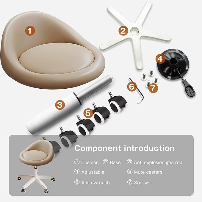 Rolling Stool Chair with Backrest, Round PU Leather Adjustable Height Hydraulic Swivel Rolling Stool for Spa Salon Tattoo Massage Doctor Dental Medical Office Khaki Set of 2
