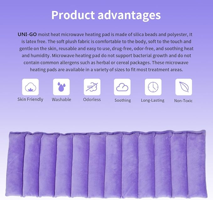UNI-GO Silica Beads Microwave Heating Pad for Hot Compress and Cold Compress, No Smell, Reusable Microwavable Heating Pad for Back, Neck, Shoulder, Leg, Muscle Ache & Cramps. (Violet-7"x21")
