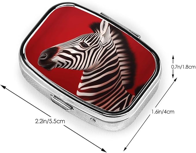 Square Pill Box 2 Compartment Medicine Pill Case Zebra Red Pill Box for Purse Pocket Waterproof Metal Pill Container Portable Pill Holder Mini Pill Organizer for Travel or Daily