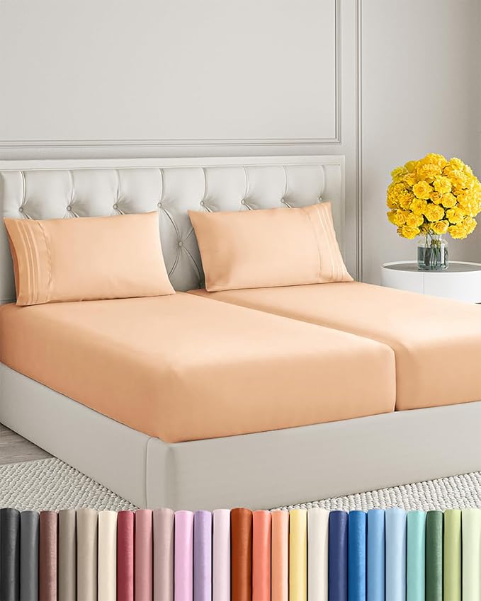 Split King Size 5 Piece Sheet Set - Extra Soft, Breathable & Cooling Sheets - Hotel Luxury Durable Bed Sheets for Women & Men - Deep Pockets, Easy-Fit & Wrinkle-Free Sheets - Peach Oeko-Tex Bed Sheets