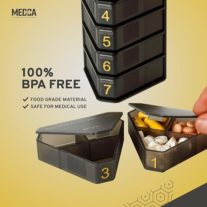 MEDCA Moisture Proof Weekly Stackable Pill Organizer - BPA Free, Weekly Pill Box Case with 3 Daily Compartments - Black Pill Box to Store Pills, Vitamins, Supplements