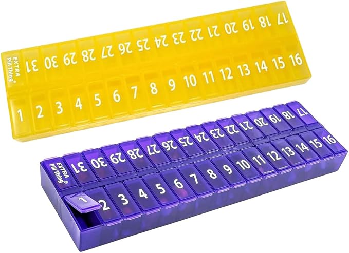 AM PM 31 Day Once-a Day Monthly Pill Planner Organizers - Large Compartment Pill Boxes Store Medications for Entire Month Plus Compartment for Extra Pills (AM/PM) (Am/Pm Yellow & Purple)