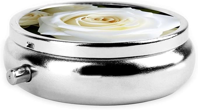 Pill Box with Mirror White Rose 3 Compartment Small Pill Case for Purse Or Pocket Mini Metal Pill Holder Travel Weekly Medicine Tablet Vitamin Holder Organizer Travel Gifts