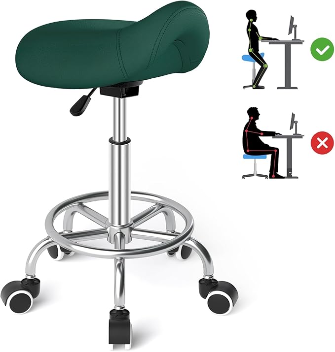 YEEZEE Saddle Stool Ergonomic- Comfortable Rolling Saddle Stool with Wide Thick Saddle Seat Padding, Swivel Adjustable Saddle Chair with Wheels and Ring Pedal for Medical Massage Salon (Green)