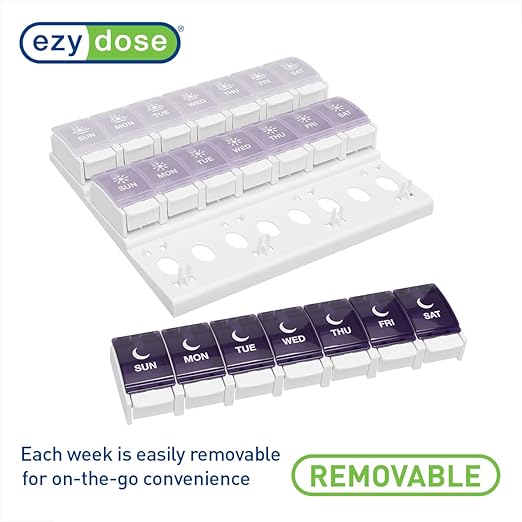EZY DOSE Weekly (7-Day) Pill Case, Daily Medicine Planner, Vitamin Organizer Container, Large Push Button Compartments, Easy to Use, 3 Times a Day, Spring Open Design, Grayscale Lids, BPA Free