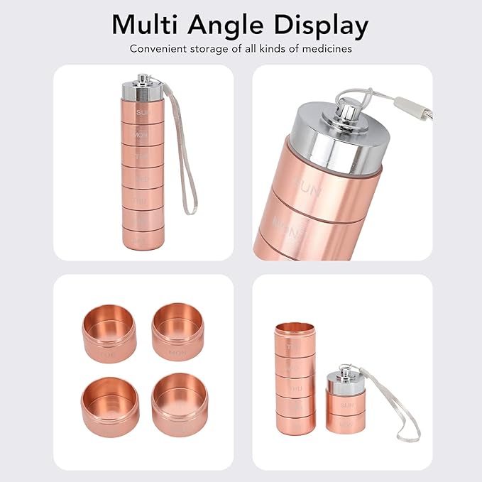 Metal Organizer, Stackable Metal Weekly Travel Organizer, Portable Aluminum Alloy Tablets Box with Lanyard Rose Gold for Vitamin, Fish Oil & Supplement