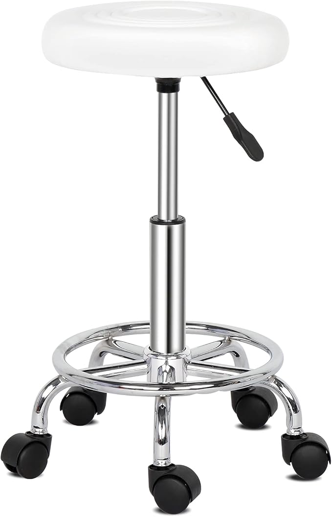 Round Rolling Bar Stool PU Leather with Wheels and Foot Rest, Height Adjustable Task Work Drafting Chair with Back for Salon Spa Tattoo Facial Medical Office Chairs (White)