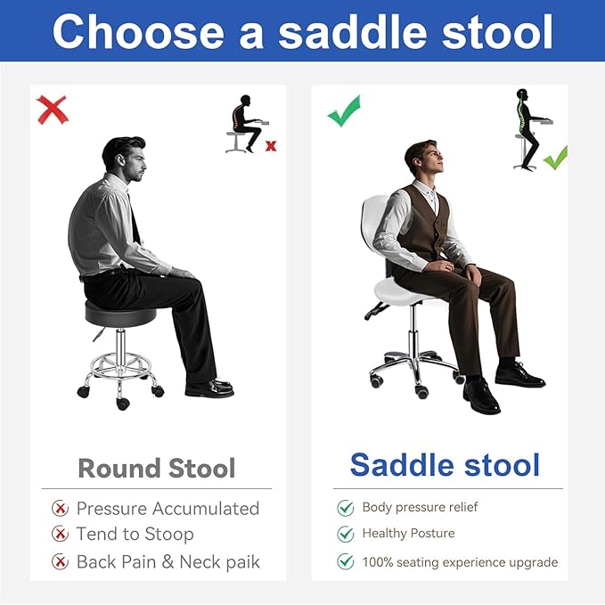 Upgrade Saddle Stool with Back Support, 400lbs Adjustable Salon with Wheels, Wide Thick Seat Padding, Ergonomic Esthetician Seat for Home Office Salon Shop Dentist Clinic, for People 5 Ft To6 Ft Tall