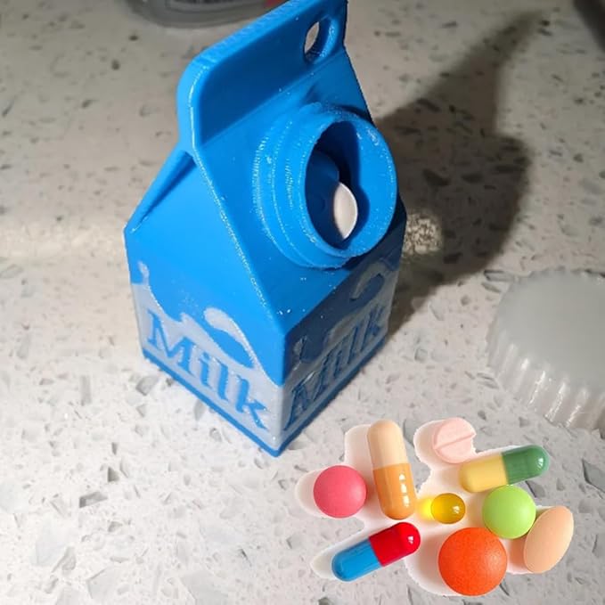 Generic Milk Carton Pill Case Keychain, Lactose Intolerant Pill Holder with Secure Screw Cap, Portable, Blue, 1 Compartment