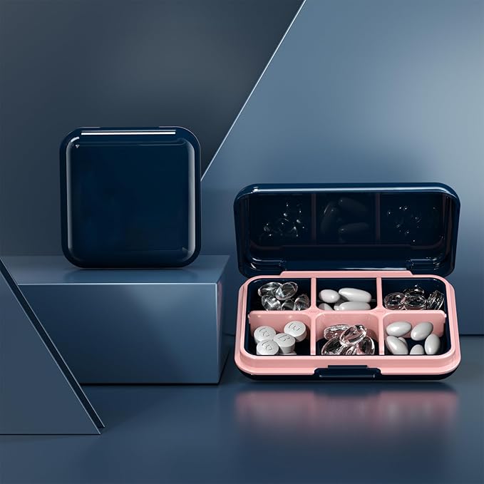 Small Pill Box Waterproof Travel Pill Case Portable Daily Pill Container Pill Holder Purse 4 Compartments Pocket Compact Medicine Organizer for Vitamin,Fish Oils,Supplements,Medication (Blue)