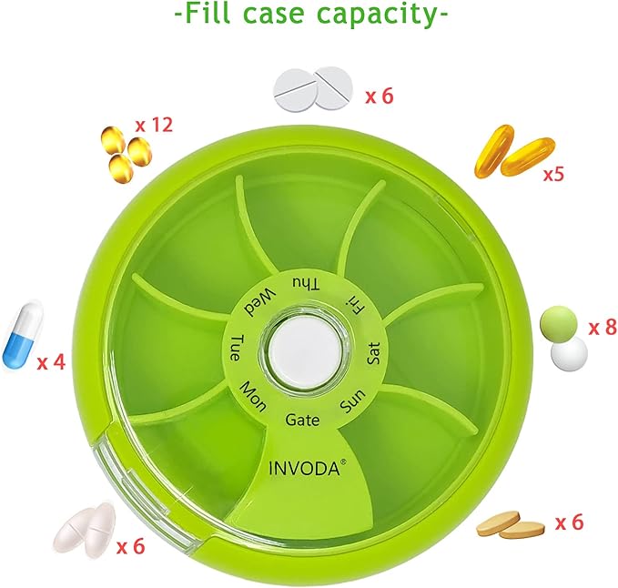 INVODA Weekly Pill Organizer 7 Compartment Rotating Pill Box for Daily Medication & Vitamins - Portable Travel Pill Case Fish Oil Supplements Vitamins Organizer (Green+Orange)