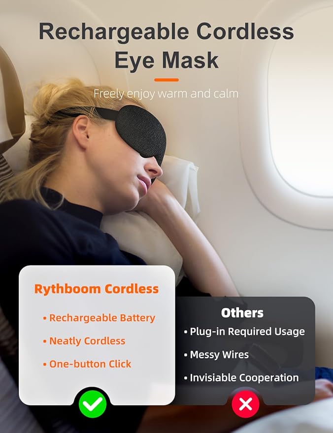 Heated Eye Mask Rechargeable Eye Warmer for Dry Eyes Stye Relax, Blackout Eyes Mask for Airplane Sleeping for Travel, Birthday Idea for Woman/Man (Black)