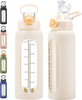 32 oz Glass Water Bolttles with Straw Large Motivational Water Bottle with Time Marker Sports Water Bottles with Silicone Sleeve and Handle Lid Water Jug for Gym Workout