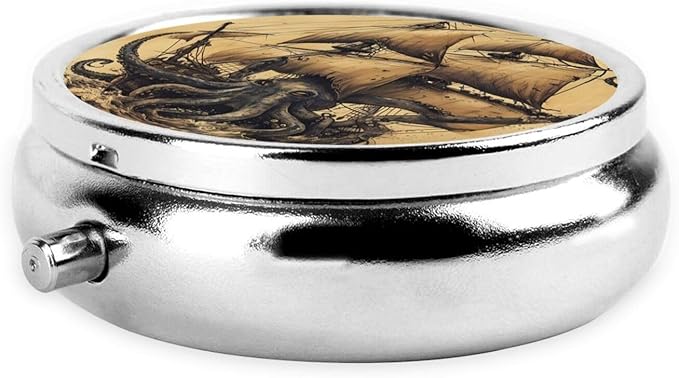 Vinatge Octopus Vessel Ocean Pill Box 3 Compartment Pill Case, Portable Medicine Pill Organizer for Pocket Purse Pill Box Decorative Metal Medicine Vitamin Organizer