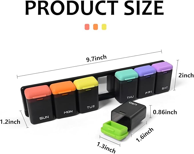 Fridge Magnetic Weekly Pill Organizer, Easy Open Daily Reminder Waterproof Pill Box for Vitamins, Travel & Daily Use (Black)