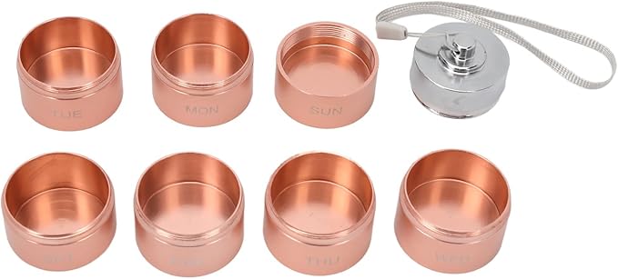 Metal Organizer, Stackable Metal Weekly Travel Organizer, Portable Aluminum Alloy Tablets Box with Lanyard Rose Gold for Vitamin, Fish Oil & Supplement