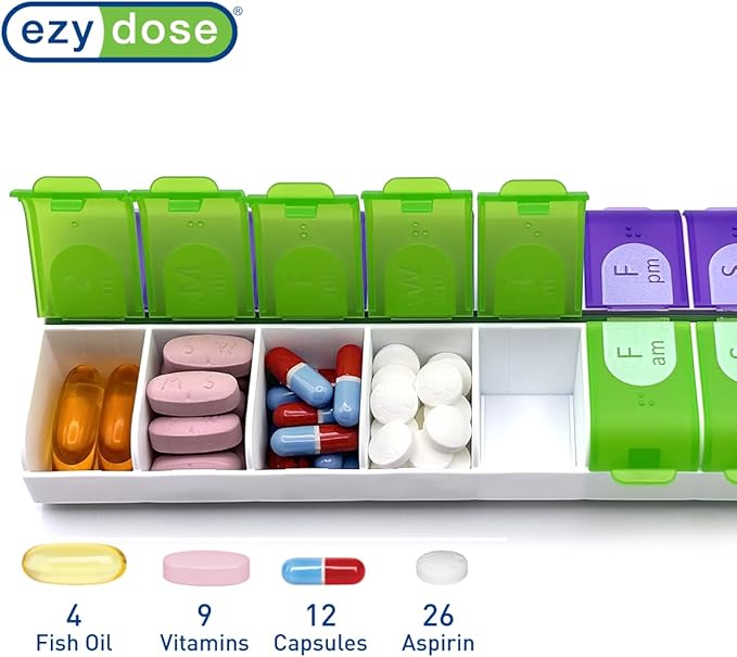 EZY DOSE Pill Organizer Weekly (7-Day), Medicine Planner, Vitamin Box, Daily Planner Case, 2 Times a Day, AM PM, Large Compartments, Easy Fill All Compartments at Once, Green and Purple, BPA Free