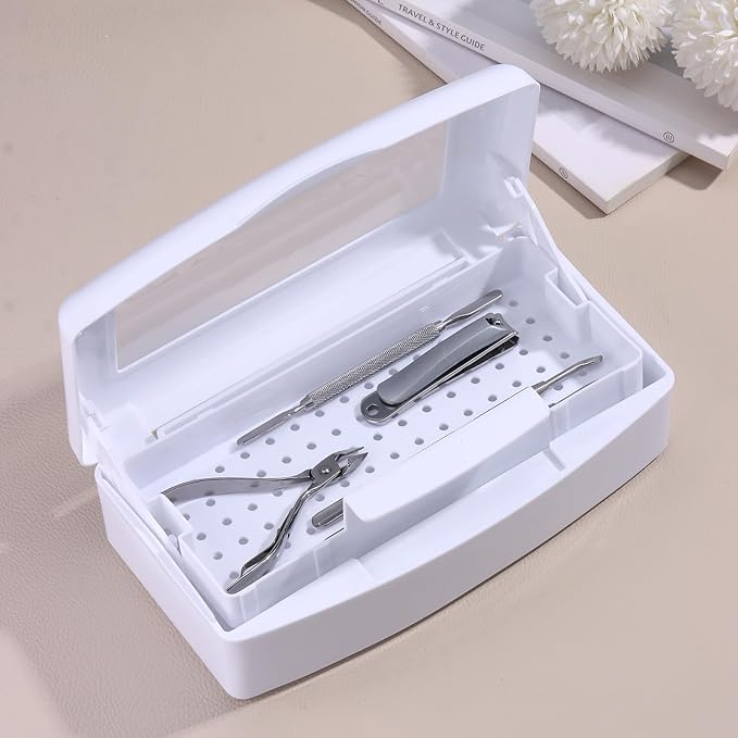 Nail Tool Sterilizer Box Plastic Disinfectant Container for Nail Art Accessories Tools, Sterilizer Soaking Box with Strainer Pedicure Manicure Cleaning Equipment, White