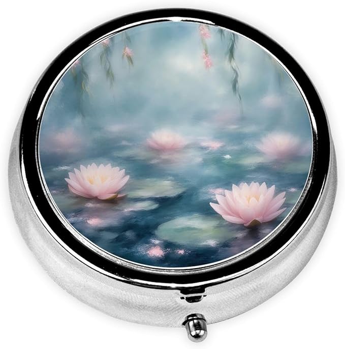 Metal Pill Organizer - 3-Compartment Mini Round Pill Case for Pocket & Purse, Portable Vitamin Holder, Easy-Open Design for Travel - Water Lily Art