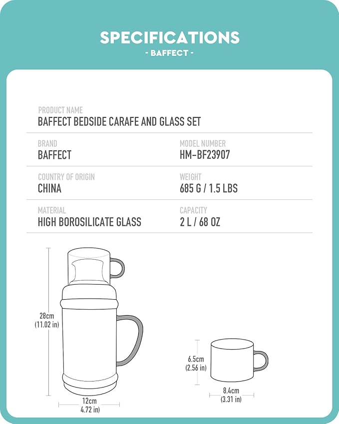 Baffect Bedside Water Carafe And Glass Set, High Borosilicate Glass Pitcher For Hot Or Cold Beverage, 68oz Water Bottles With 10 Oz Tumbler For Nightstand, Kitchen, Mouthwash Dispenser For Bathroom