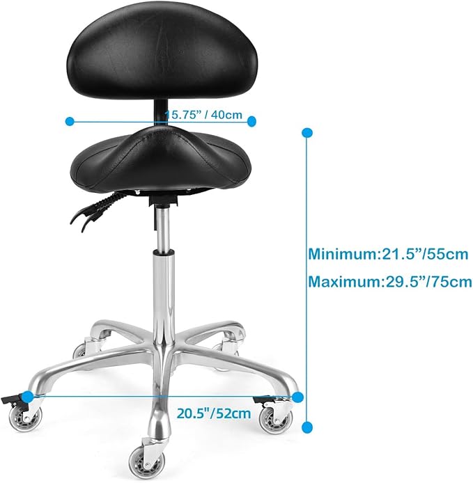 Saddle Stool Chair With Back Support - Ergonomic Rolling Saddle Stools with Wheels Heavy Duty Hydraulic Swivel Adjustable Stool Esthetician Chair for Massage Hair stylist Salon Tattoo office (Black)