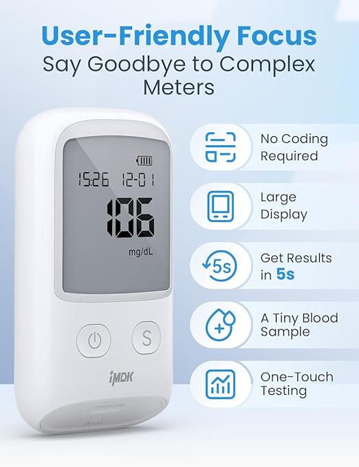 IMDK Blood Glucose Monitor Kit, 𝗖𝗹𝗶𝗻𝗶𝗰𝗮𝗹𝗹𝘆 𝗔𝗰𝗰𝘂𝗿𝗮𝘁𝗲 Blood Sugar Test Kit with 50 Glucometer Strips, 50 Lancets and 1 Lancing Devices, No Coding Required & Large Screen