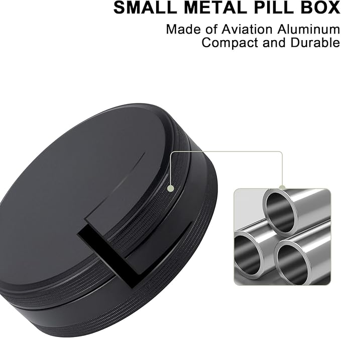 Metal Pill Case 4 Compartments - Travel Pill Organizer Waterproof, Small Pill Box for Purse, Compact Medicine Container Pill Dispensers Holder for Vitamin, Fish Oil, Supplement (Black)
