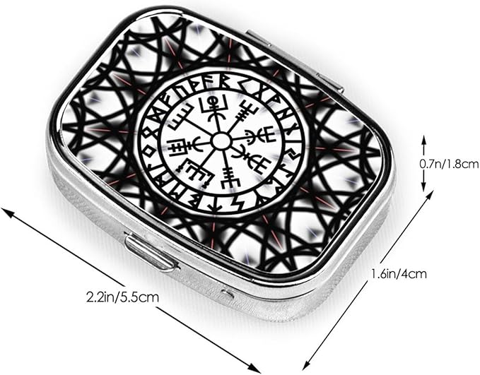 Pill Box Organizer Norse Viking Vegvisir, Portable Travel Pill Box with Mirror for Supplements, Medicine Box, Metal Pill Case for Outdoor Travel Picnic