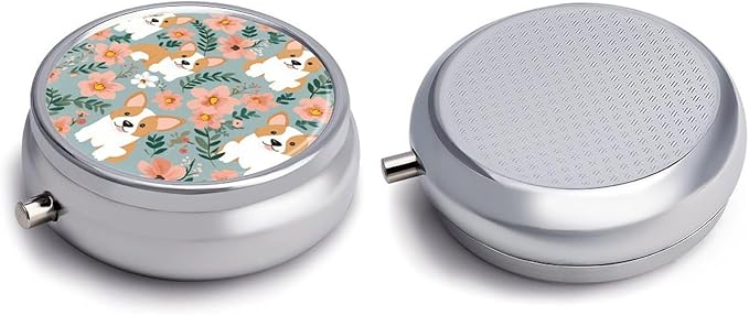 Corgi Floral Flowers Spring Garden Pill Box Travel Pill Case for Purse Pocket Weekly Medicine Organizer with Mirror 3 Compartment Round Medicine Case Portable PillcaseHolder for Daily