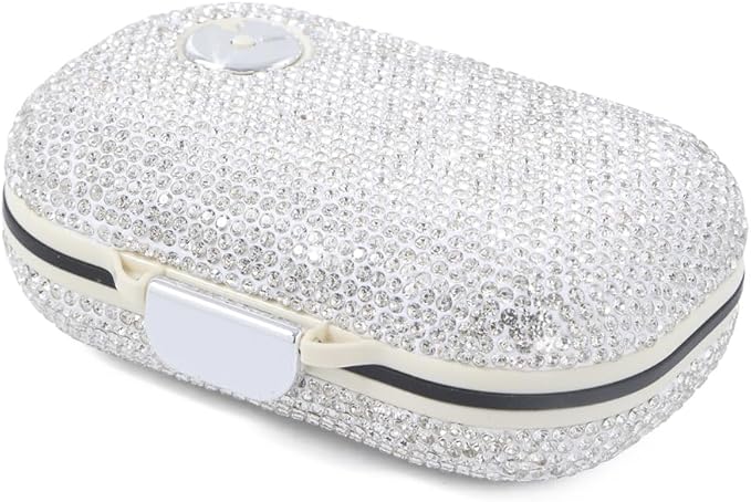 Sparkly Diamond Daily Pill Organizer 7 Compartments Portable Moisture Proof Small Pill Case for Pocket Purse Travel Pill Box Portable Medicine Vitamin Fish Oil Holder Container (White Oblong)