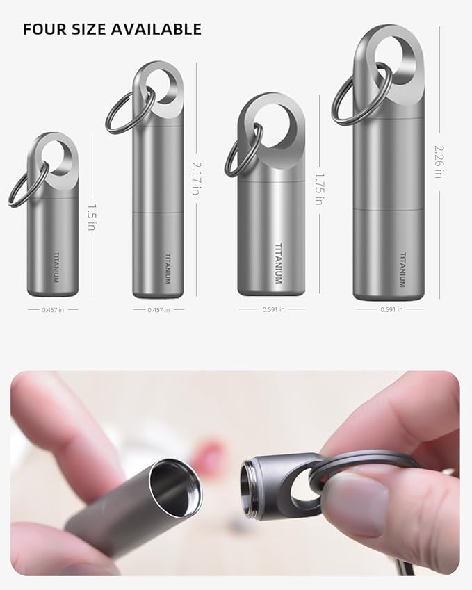 Tikey Titanium EDC Pill Container, Waterproof Keychain Capsule, Pocket Purse Pill Case for Outdoor Travel Camping (Pill Case S)