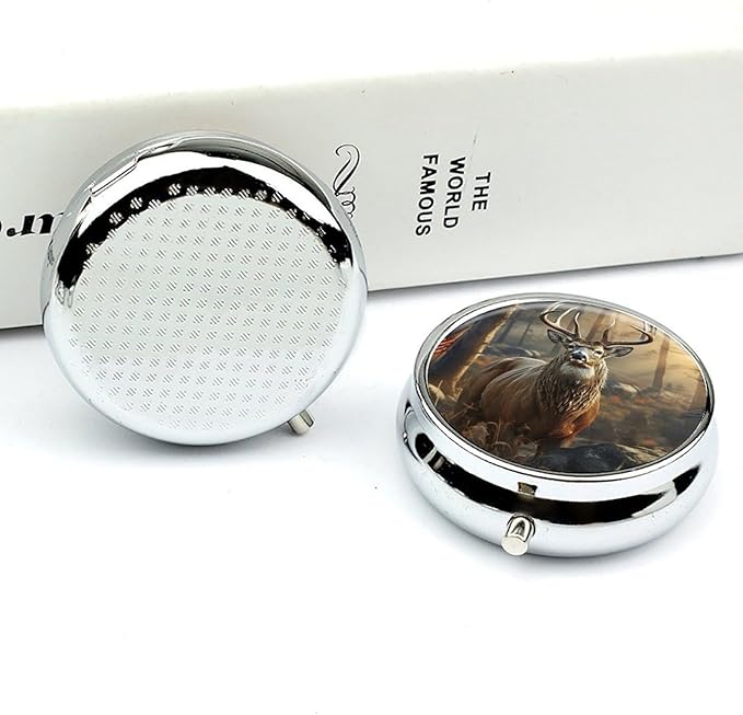 Deer Hunting Season Pill Box 3 Compartment Waterproof Pill Case with Mirror Round Container Metal Medicine Box Organizer Portable Vitamin Case for Pocket & Purse Travel