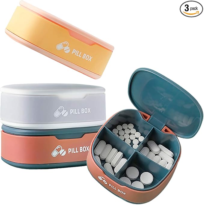 Pill Organizer Portable Pill Case Small Pill Box for Purse or Pocket Daily Pill Box Organizer 4 Times a Day for Vitamins Medicine Supplement (3 PCS)