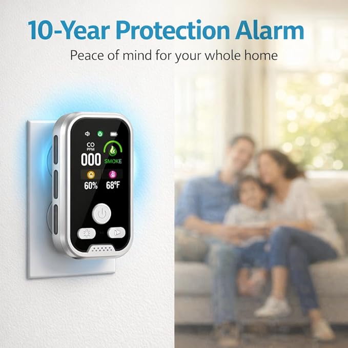 5‑in‑1 Upgraded Natural Gas Leak Detector & Carbon Monoxide Detectors with Smoke Alert Plug‑in with Dual Sensor, LCD Display Alarms, Temperature & Humidity Monitor for Home & RV (12 Pack)